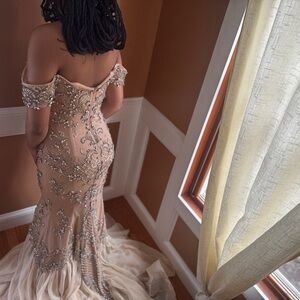 Johnathan Kayne Champagne and Silver Embellished Prom Dress